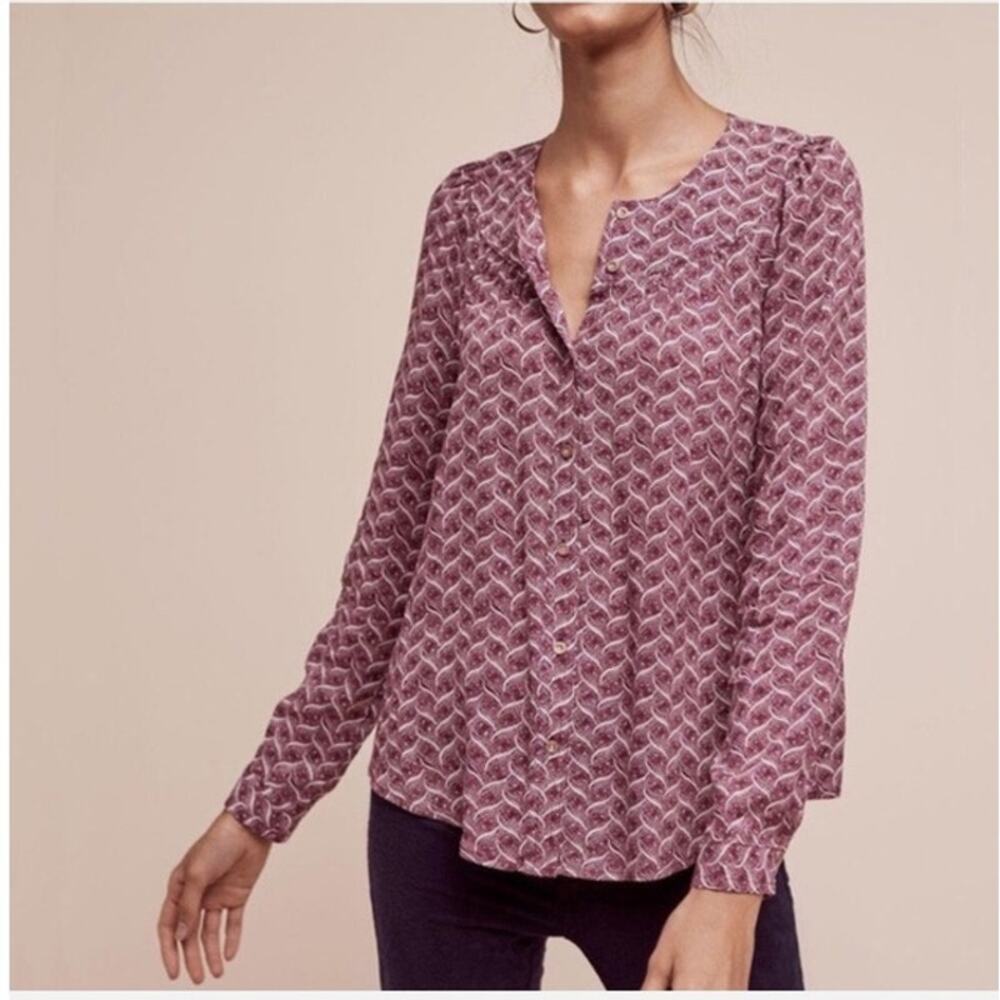 anthropologie Maeve Orli bibbed button-down blouse maroon modest business casual